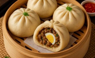 Бан Бао — паровые булочки с мясом и яйцом