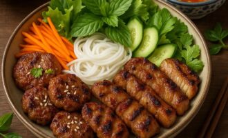 Бун Ча — свиные котлетки с лапшой, травами и соусом