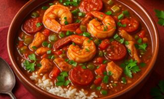 Гамбо - густой суп с морепродуктами и копчёной колбаской
