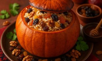 Гапама - тыква, запечённая с рисом, сухофруктами и мёдом