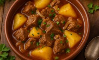 Гуляш по-монгольски — тушёное мясо с картофелем и луком
