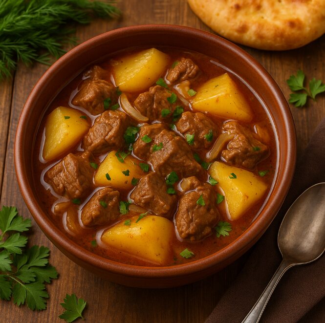 Гуляш по-монгольски — тушёное мясо с картофелем и луком