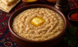Хариса — густая пшеничная каша с мясом, томлённая по-армянски
