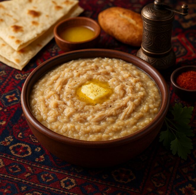Хариса — густая пшеничная каша с мясом, томлённая по-армянски