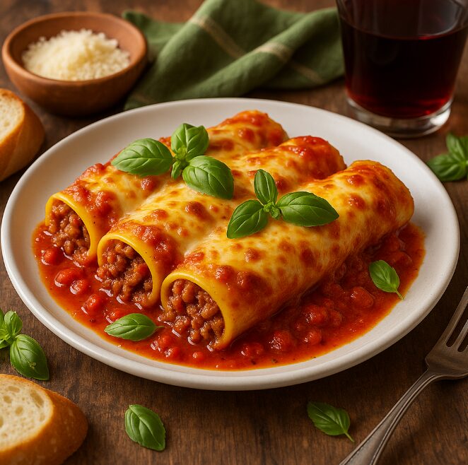 Каннеллони с мясом — блюдо с томатным соусом и сыром