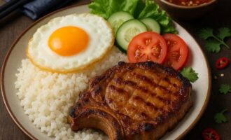 Ком Там — ломанный рис с отбивной и яйцом