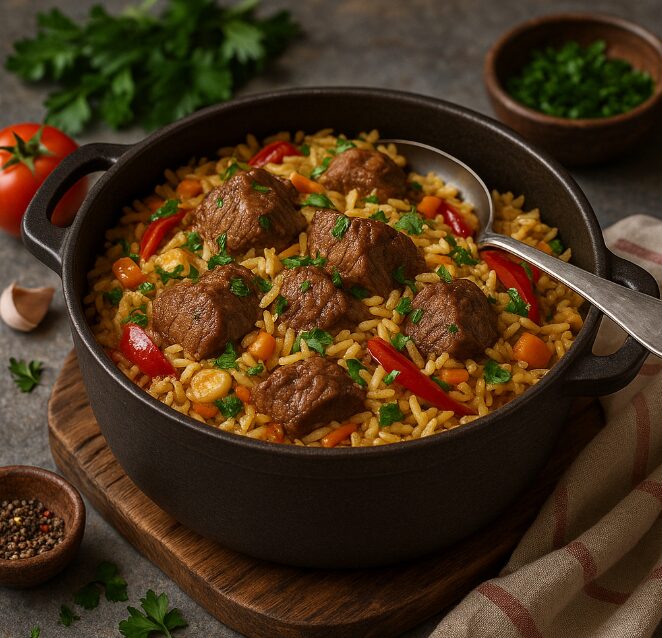 Кос-арбас - мясо, запечённое с рисом и овощами