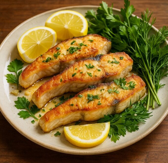 Жареный осетр с зеленью (азербайджанская кухня)