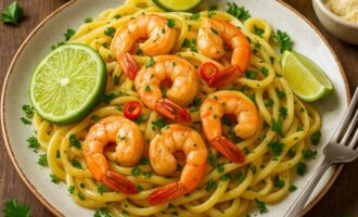 Паста с креветками и лаймом