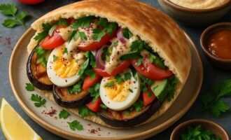 Сабих - пита с жареными баклажанами, яйцами и хумусом