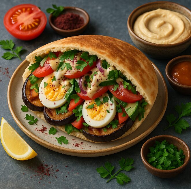Сабих - пита с жареными баклажанами, яйцами и хумусом