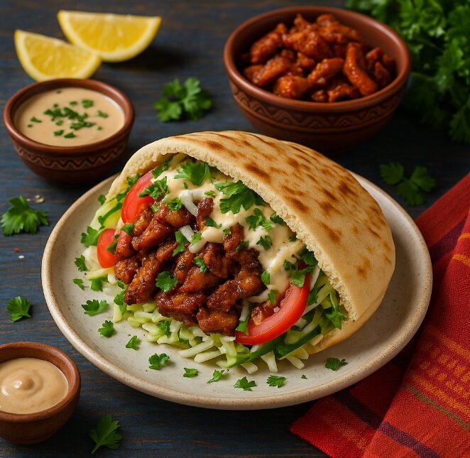 Шварма — жареное мясо с овощами и соусами в пите