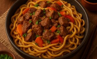 Тсуиван с бараниной — лапша, тушённая с кусочками баранины