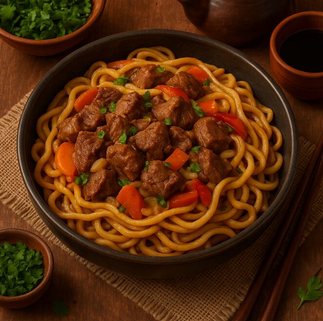 Тсуиван с бараниной — лапша, тушённая с кусочками баранины