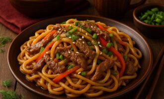 Цуйван — жареная лапша с мясом и овощами
