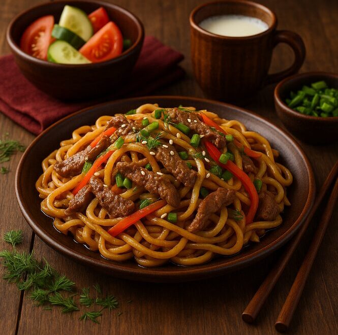 Цуйван — жареная лапша с мясом и овощами