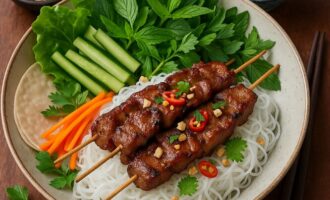 Бан Хои Тхит Нуонг - лапша с шашлыком и рисовой лепёшкой