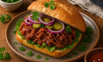 Бутерброд с мясом барбекю и соусом барбекю