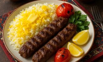 Чело кабаб — кебаб с отварным шафрановым рисом