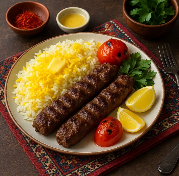Чело кабаб — кебаб с отварным шафрановым рисом