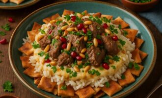 Фаттах — блюдо с рисом, мясом, хлебом и соусом