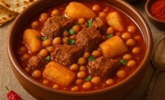 Гейме — тушёное мясо с горохом, томатной пастой и картофелем