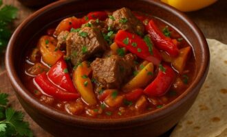 Каварма - жаркое с мясом, луком и болгарским перцем