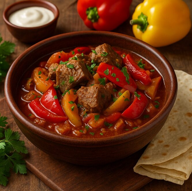 Каварма - жаркое с мясом, луком и болгарским перцем