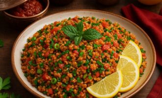 Кысыр — булгур с томатной пастой, зеленью и лимоном