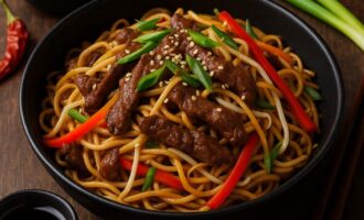 Лапша с говядиной и ростками