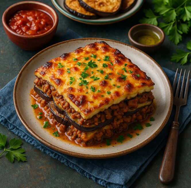 Мусака — запеканка с баклажанами, мясом и томатным соусом