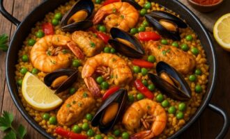 Паэлья с рисом, морепродуктами и овощами