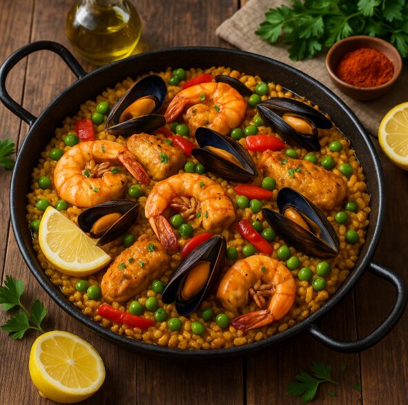 Паэлья с рисом, морепродуктами и овощами
