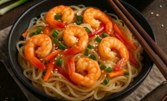 Рисовая лапша с креветками по-китайски