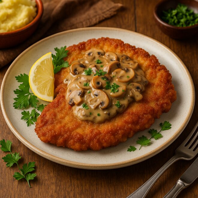 Шницель с грибным соусом