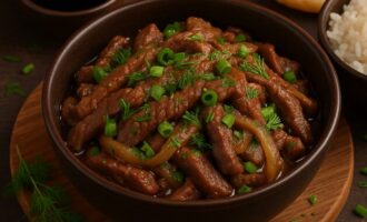 Ухрийн махтай хуурга — обжаренная говядина с луком
