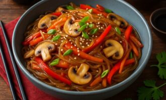 Фунчоза с овощами и грибами