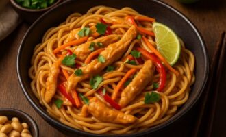 Лапша с курицей и арахисовым соусом